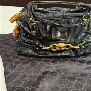 Unique Vintage Black Patent Shoulder Bag with Gold Accents